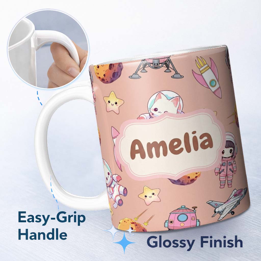 Personalized Custom Name Cat Astronaut Girl Rockets Stars Space Seamless Peach Background 11oz Ceramic Coffee Tea Mug White Large Handle