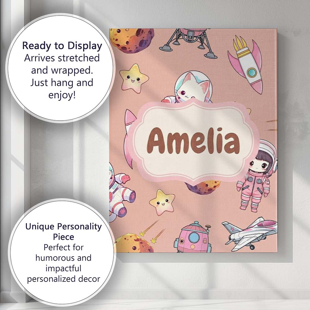 Personalised Name Cat Astronaut Girl Custom Premium Decorative Design Modern Room Accent Canvas Wall Art Print Decor Picture Ready to Hang