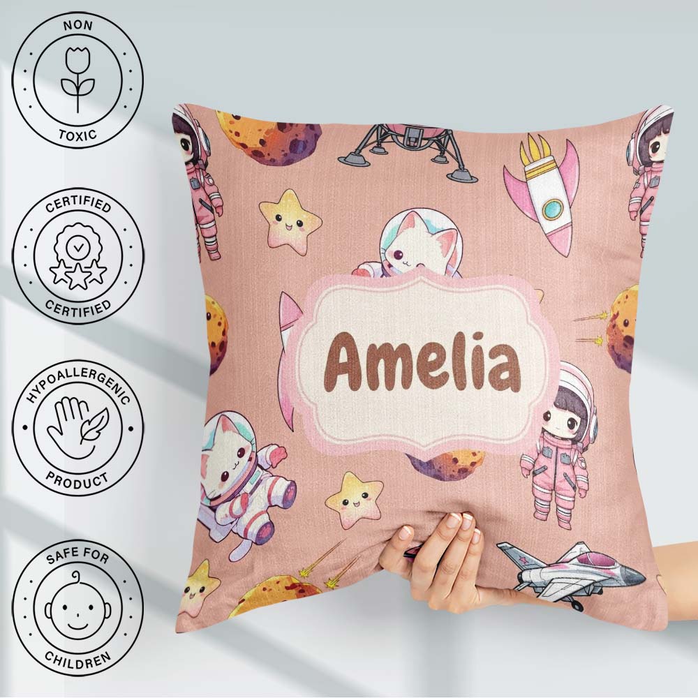 Custom Name Cat Astronaut Girl Rockets Stars Seamless Background Square Filled Cushion Throw Pillow Sofa Bed Home Decor Zip Washable UK Made
