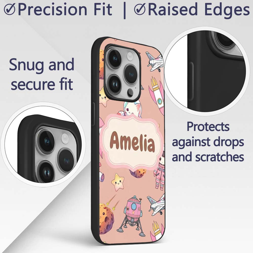 Cat Astronaut Girl Rockets Stars Space Seamless Custom Name Protective Phone Case Mobile Cover Durable Everyday Smartphone Shock Resistant
