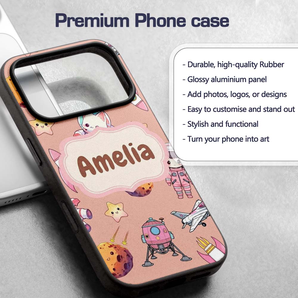 Cat Astronaut Girl Rockets Stars Space Seamless Custom Name Protective Phone Case Mobile Cover Durable Everyday Smartphone Shock Resistant