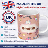 Personalized Custom Name Cat Astronaut Girl Rockets Stars Space Seamless Peach Background 11oz Ceramic Coffee Tea Mug White Large Handle