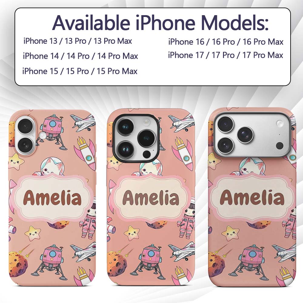 Cat Astronaut Girl Rockets Stars Space Seamless Custom Name Protective Phone Case Mobile Cover Durable Everyday Smartphone Shock Resistant