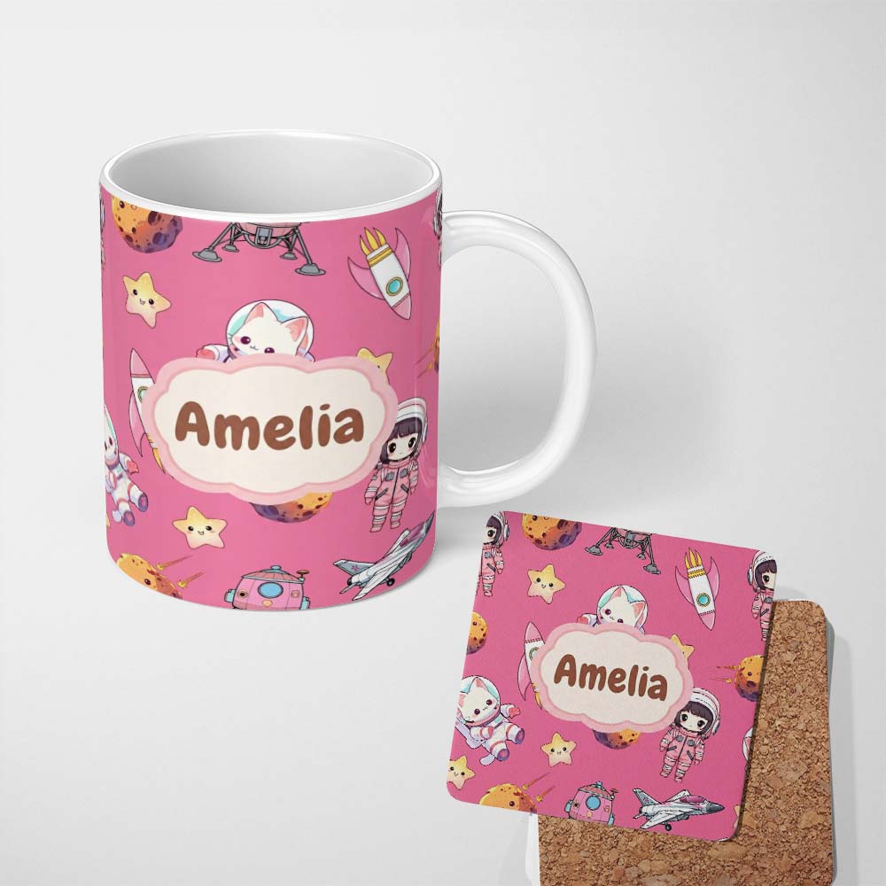 Personalized Custom Name Cat Astronaut Girl Rockets Stars Space Seamless Pink Background 11oz Ceramic Coffee Tea Mug White Large Handle