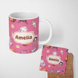 Personalized Custom Name Cat Astronaut Girl Rockets Stars Space Seamless Pink Background 11oz Ceramic Coffee Tea Mug White Large Handle