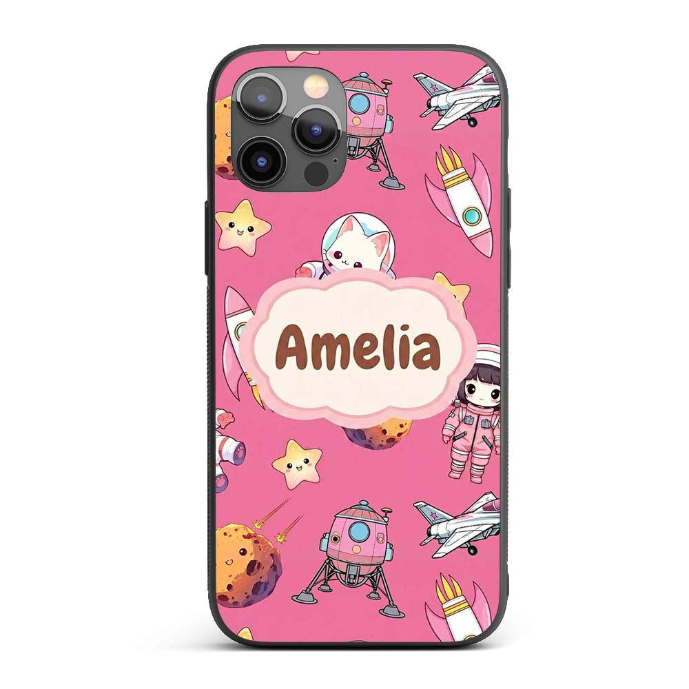 Cat Astronaut Girl Rockets Stars Space Seamless Custom Name Protective Phone Case Mobile Cover Durable Everyday Smartphone Shock Resistant