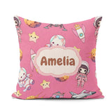 Custom Name Cat Astronaut Girl Rockets Stars Space Seamless Pink Square Filled Cushion Throw Pillow Sofa Bed Home Decor Zip Washable UK Made