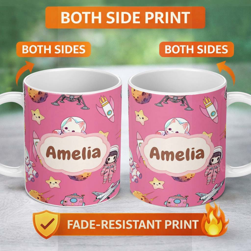 Personalized Custom Name Cat Astronaut Girl Rockets Stars Space Seamless Pink Background 11oz Ceramic Coffee Tea Mug White Large Handle