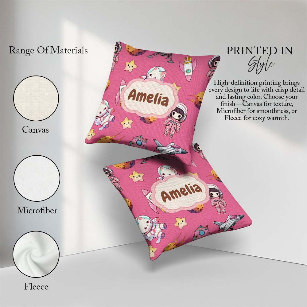 Custom Name Cat Astronaut Girl Rockets Stars Space Seamless Pink Square Filled Cushion Throw Pillow Sofa Bed Home Decor Zip Washable UK Made