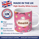 Personalized Custom Name Cat Astronaut Girl Rockets Stars Space Seamless Pink Background 11oz Ceramic Coffee Tea Mug White Large Handle
