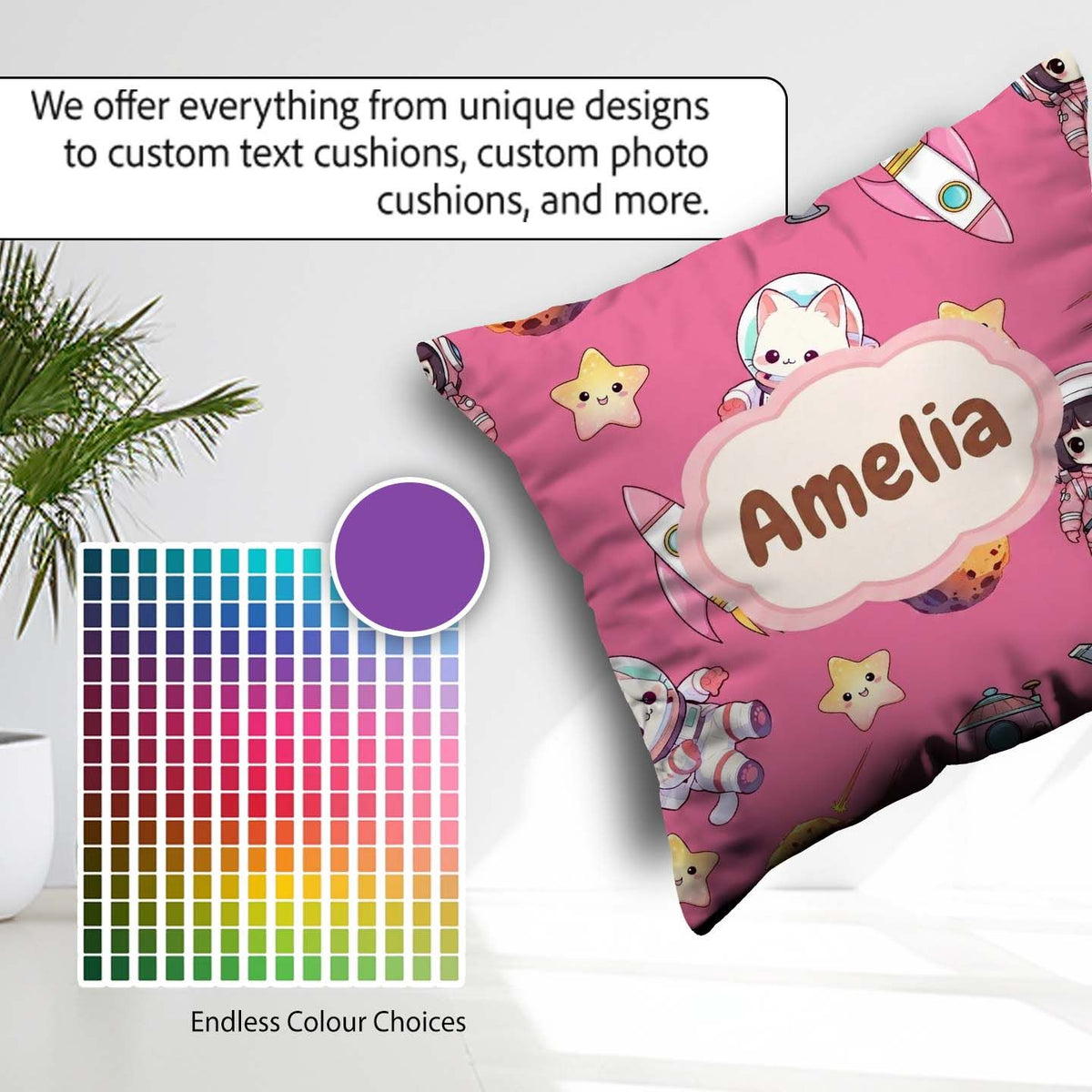 Custom Name Cat Astronaut Girl Rockets Stars Space Seamless Pink Square Filled Cushion Throw Pillow Sofa Bed Home Decor Zip Washable UK Made