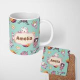 Personalized Custom Name Cat Astronaut Girl Rockets Stars Space Seamless Mint Background 11oz Ceramic Coffee Tea Mug White Large Handle