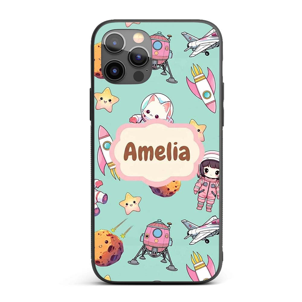 Cat Astronaut Girl Rockets Stars Space Seamless Custom Name Protective Phone Case Mobile Cover Durable Everyday Smartphone Shock Resistant