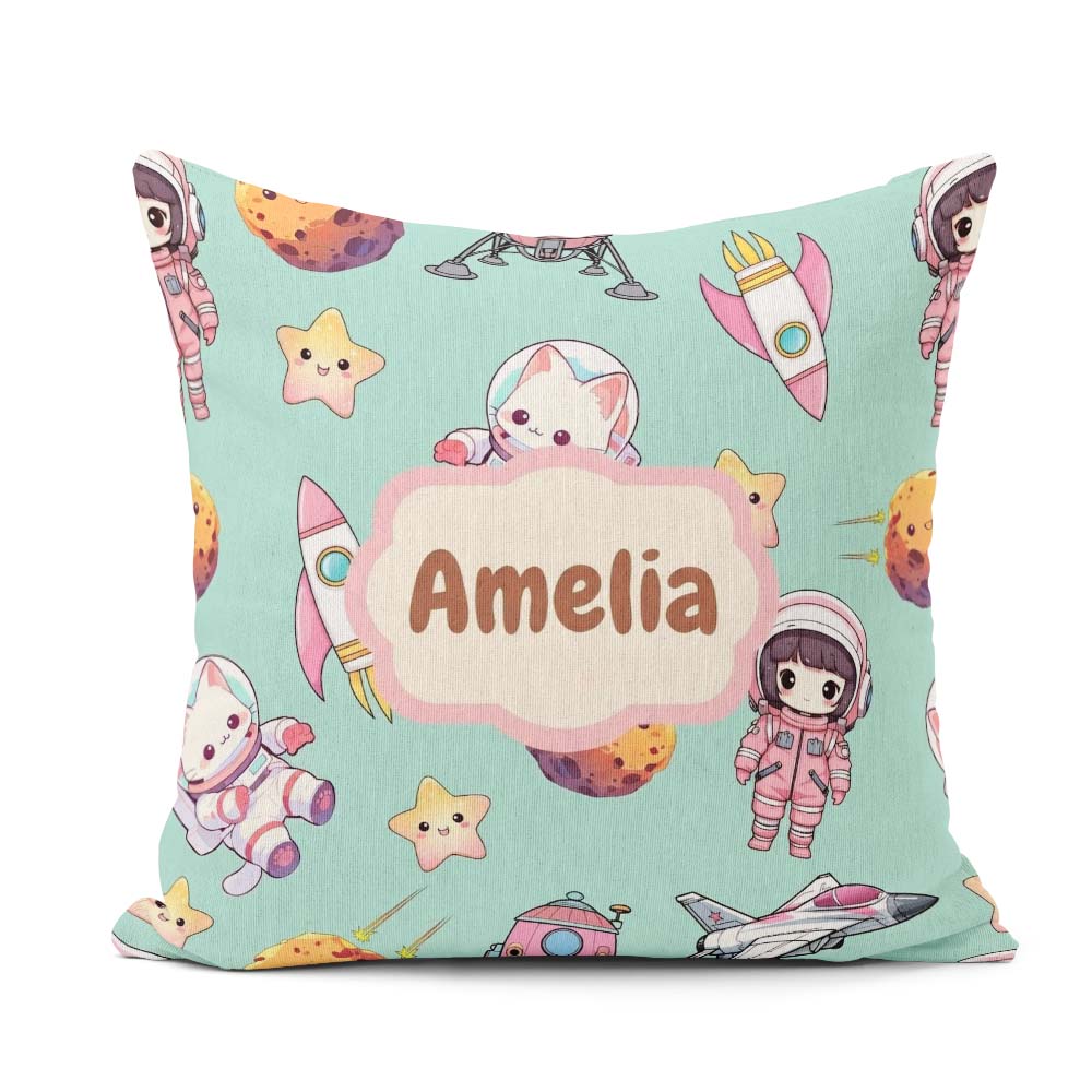 Custom Name Cat Astronaut Girl Rockets Stars Space Seamless Mint Square Filled Cushion Throw Pillow Sofa Bed Home Decor Zip Washable UK Made
