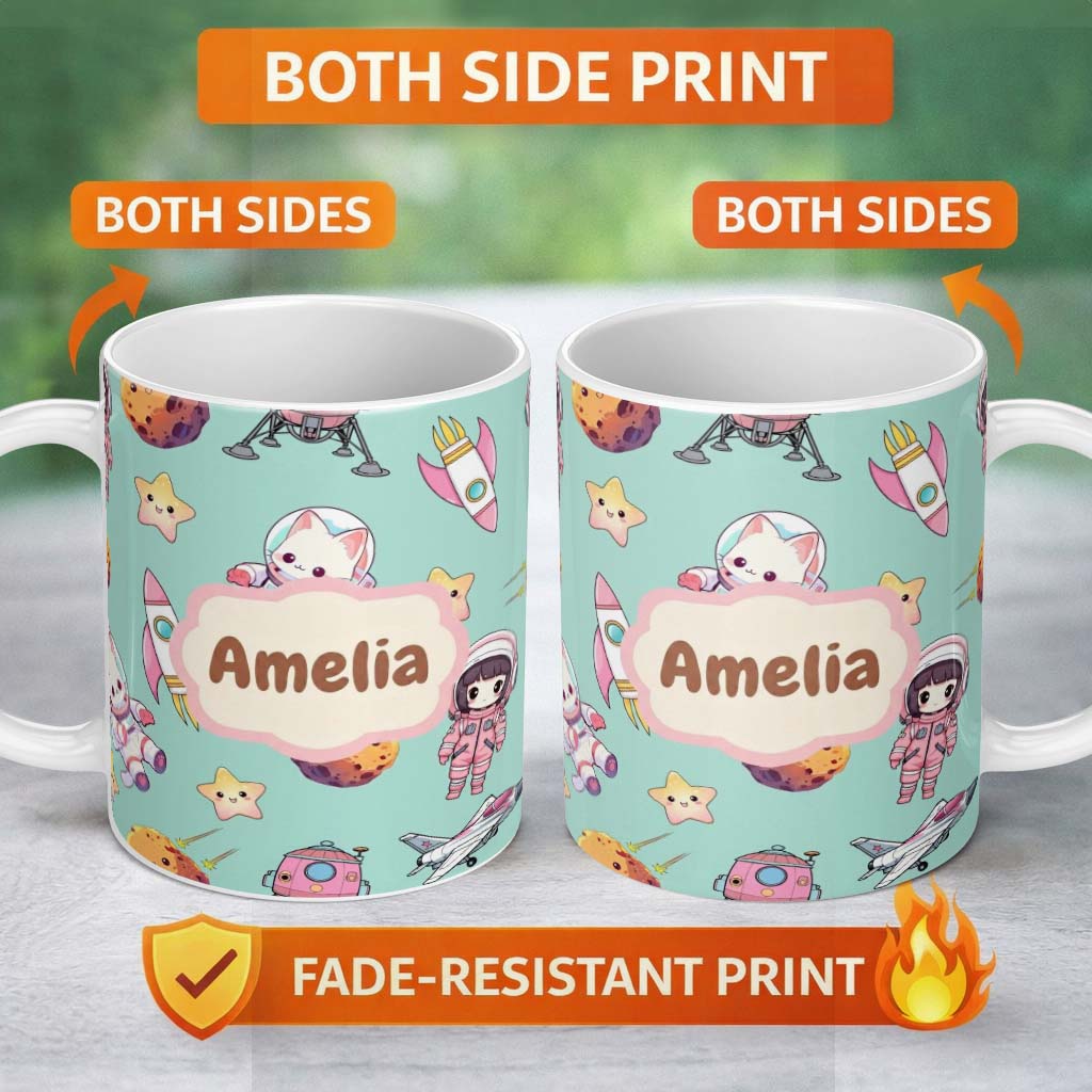 Personalized Custom Name Cat Astronaut Girl Rockets Stars Space Seamless Mint Background 11oz Ceramic Coffee Tea Mug White Large Handle