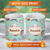 Personalized Custom Name Cat Astronaut Girl Rockets Stars Space Seamless Mint Background 11oz Ceramic Coffee Tea Mug White Large Handle