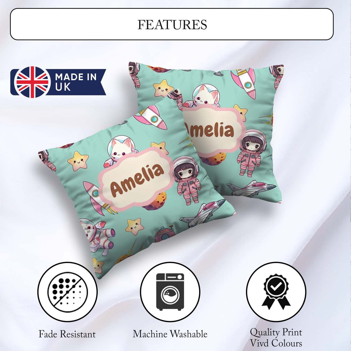 Custom Name Cat Astronaut Girl Rockets Stars Space Seamless Mint Square Filled Cushion Throw Pillow Sofa Bed Home Decor Zip Washable UK Made