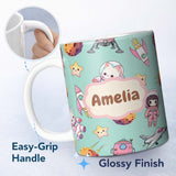 Personalized Custom Name Cat Astronaut Girl Rockets Stars Space Seamless Mint Background 11oz Ceramic Coffee Tea Mug White Large Handle