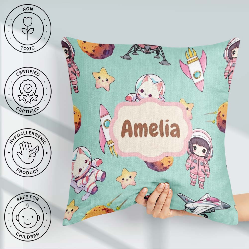 Custom Name Cat Astronaut Girl Rockets Stars Space Seamless Mint Square Filled Cushion Throw Pillow Sofa Bed Home Decor Zip Washable UK Made