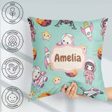 Custom Name Cat Astronaut Girl Rockets Stars Space Seamless Mint Square Filled Cushion Throw Pillow Sofa Bed Home Decor Zip Washable UK Made