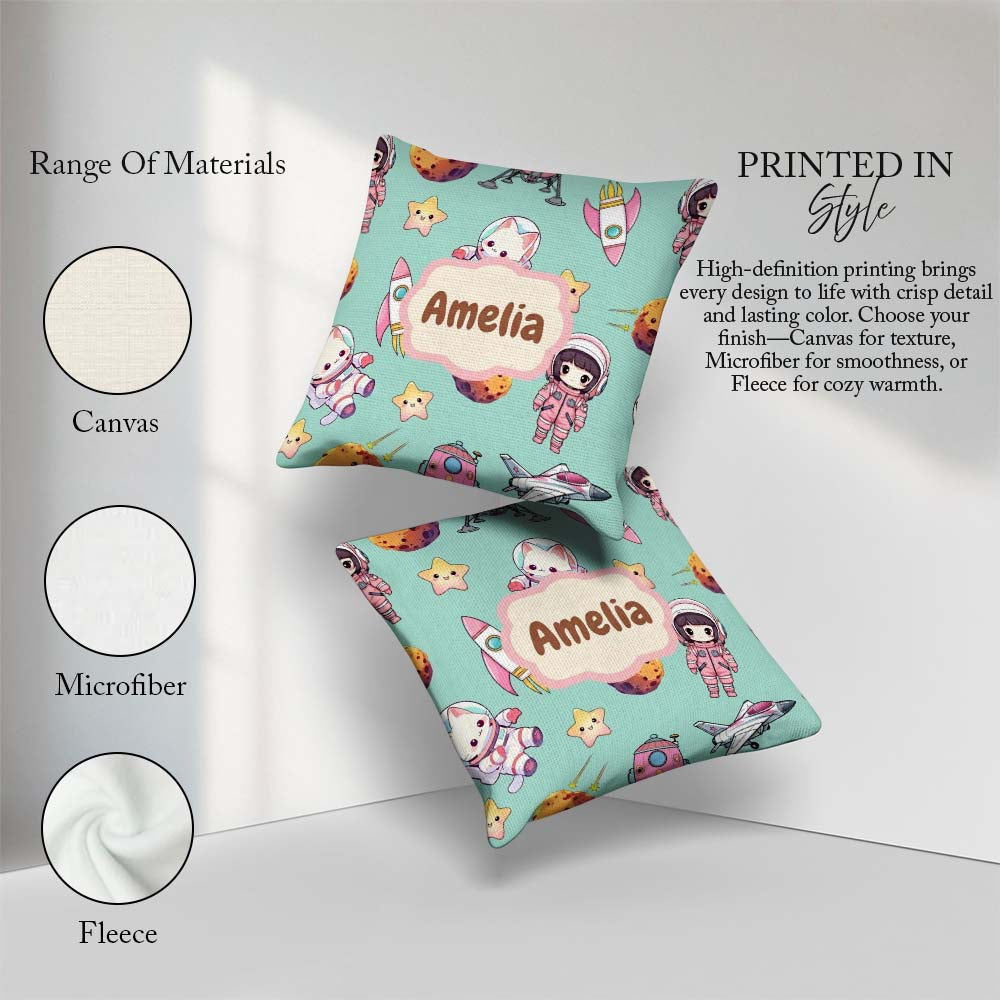 Custom Name Cat Astronaut Girl Rockets Stars Space Seamless Mint Square Filled Cushion Throw Pillow Sofa Bed Home Decor Zip Washable UK Made