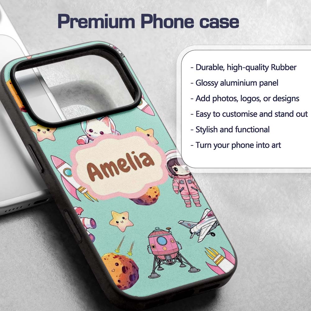 Cat Astronaut Girl Rockets Stars Space Seamless Custom Name Protective Phone Case Mobile Cover Durable Everyday Smartphone Shock Resistant