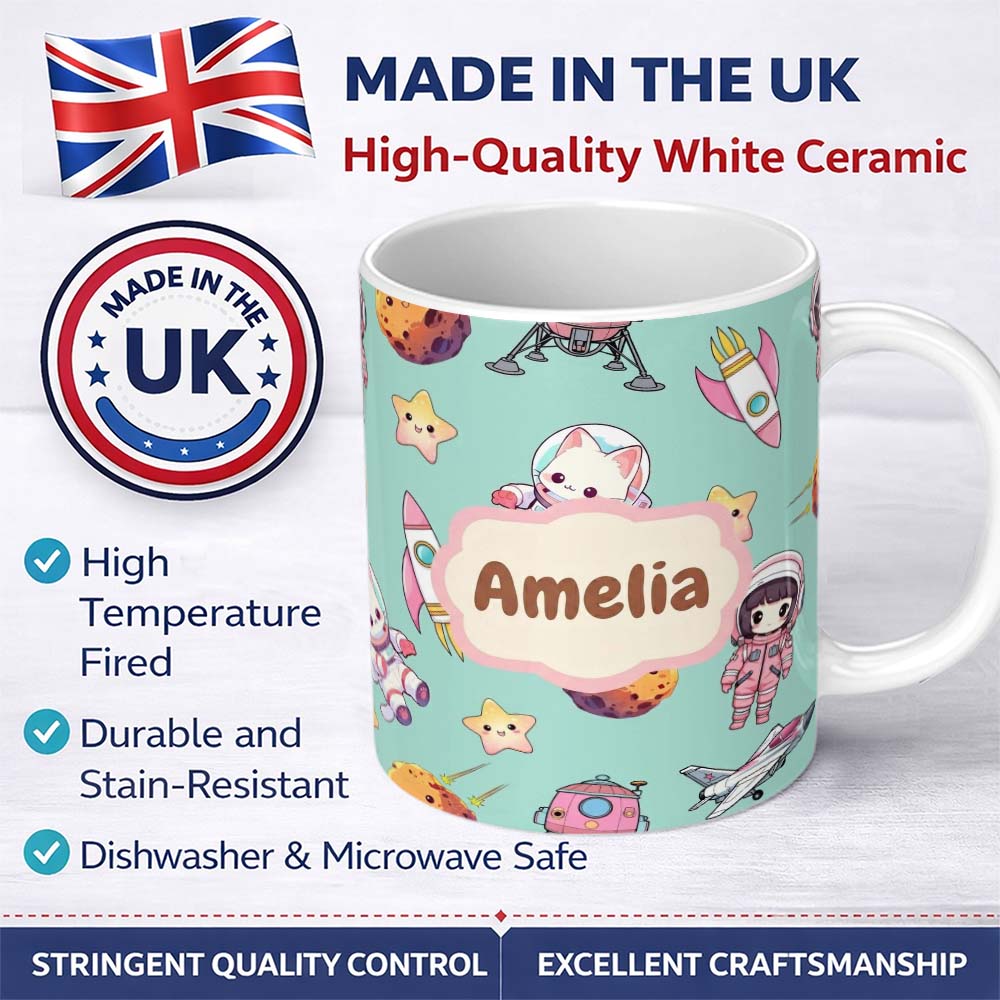 Personalized Custom Name Cat Astronaut Girl Rockets Stars Space Seamless Mint Background 11oz Ceramic Coffee Tea Mug White Large Handle