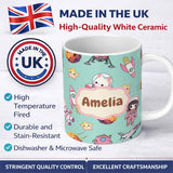 Personalized Custom Name Cat Astronaut Girl Rockets Stars Space Seamless Mint Background 11oz Ceramic Coffee Tea Mug White Large Handle