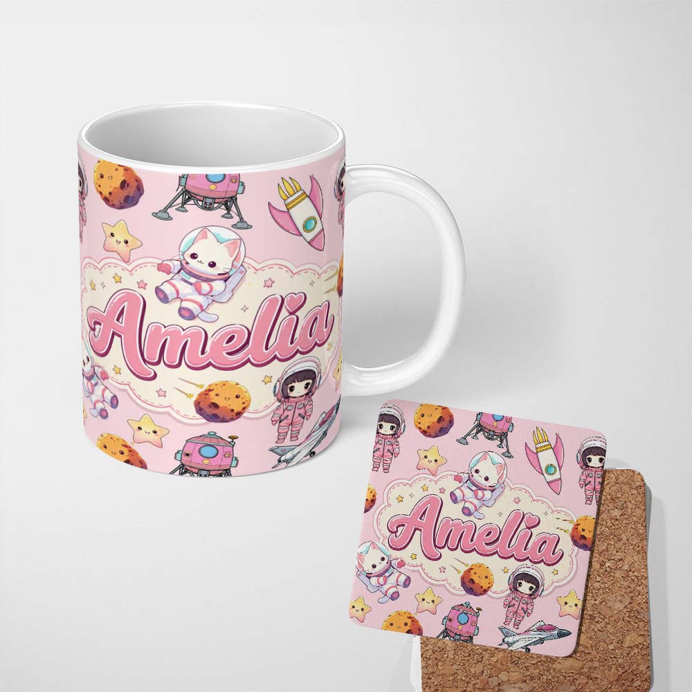 Personalized Custom Name Cat Astronaut Girl Rockets Stars Space Seamless Light Pink 11oz Ceramic Coffee Tea Mug White Large Handle