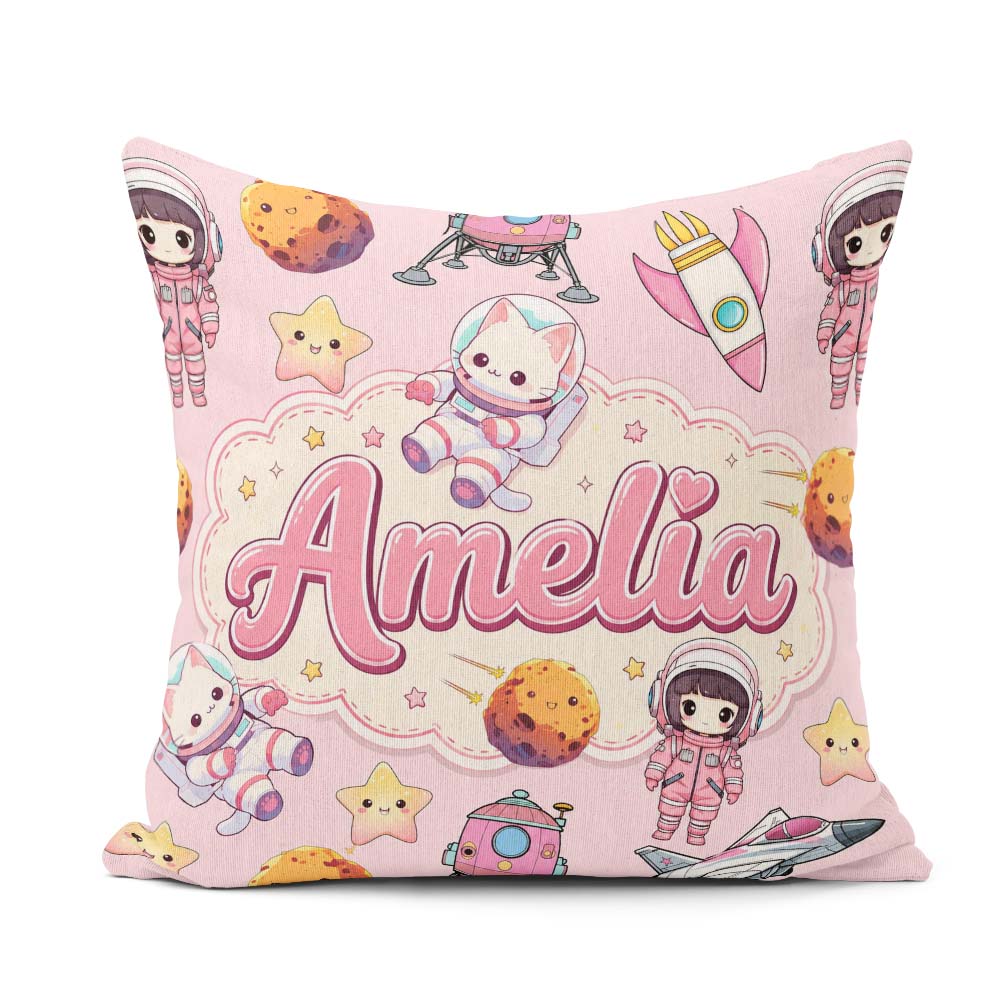 Custom Name Cat Astronaut Girl Rockets Stars Space Seamless Pink Square Filled Cushion Throw Pillow Sofa Bed Home Decor Zip Washable UK Made