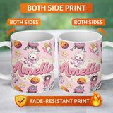 Personalized Custom Name Cat Astronaut Girl Rockets Stars Space Seamless Light Pink 11oz Ceramic Coffee Tea Mug White Large Handle