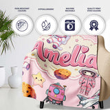Cat Astronaut Girl Rockets Stars Space Seamless Light Pink  Personalised Custom Name Super Soft Fleece Blanket Bed Sofa Throw