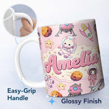 Personalized Custom Name Cat Astronaut Girl Rockets Stars Space Seamless Light Pink 11oz Ceramic Coffee Tea Mug White Large Handle