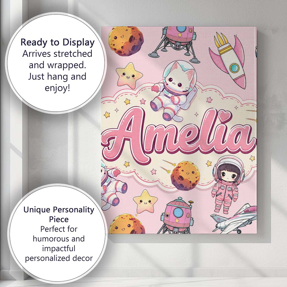 Personalised Name Cat Astronaut Girl Custom Premium Decorative Design Modern Room Accent Canvas Wall Art Print Decor Picture Ready to Hang