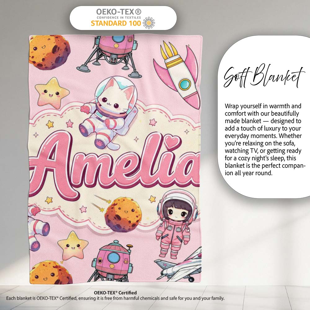 Cat Astronaut Girl Rockets Stars Space Seamless Light Pink  Personalised Custom Name Super Soft Fleece Blanket Bed Sofa Throw