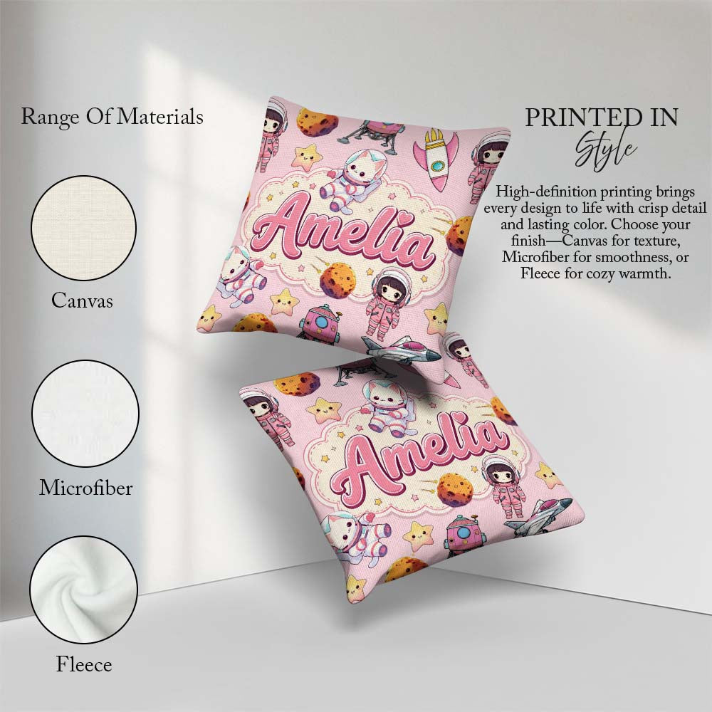 Custom Name Cat Astronaut Girl Rockets Stars Space Seamless Pink Square Filled Cushion Throw Pillow Sofa Bed Home Decor Zip Washable UK Made