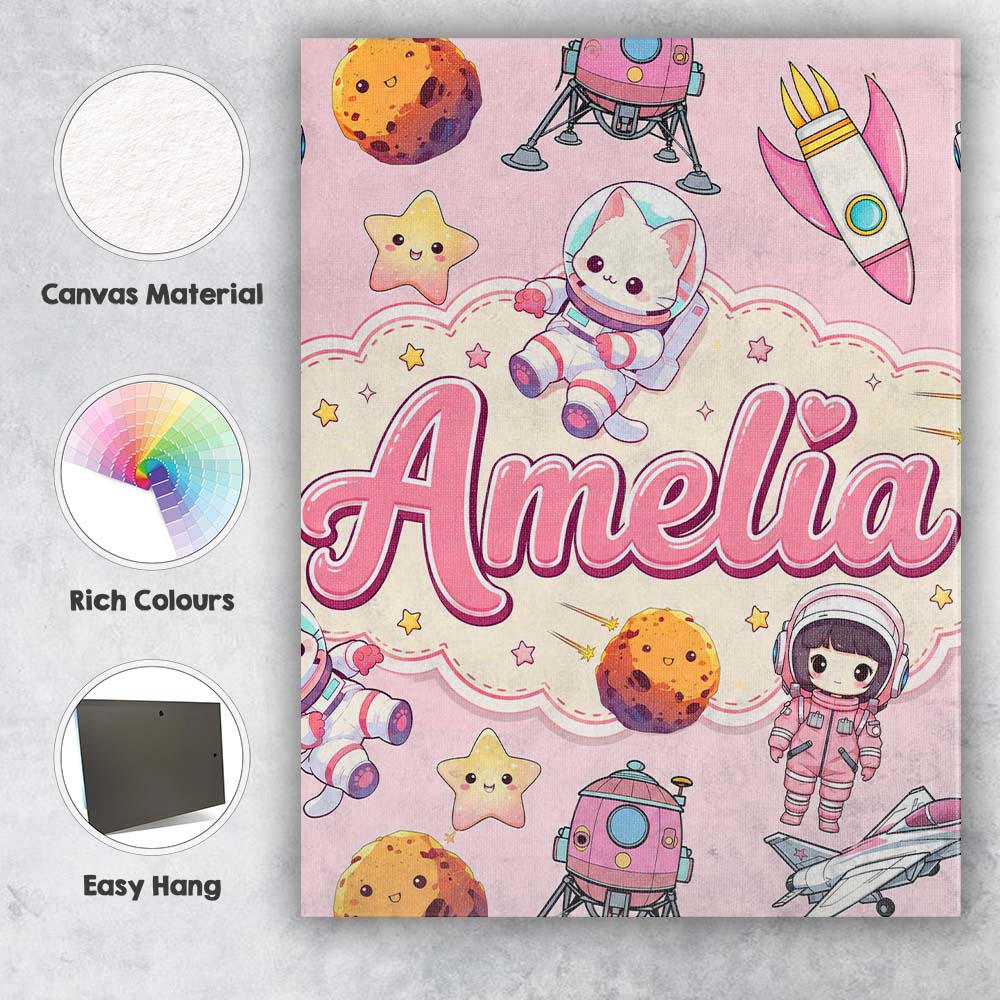 Personalised Name Cat Astronaut Girl Custom Premium Decorative Design Modern Room Accent Canvas Wall Art Print Decor Picture Ready to Hang