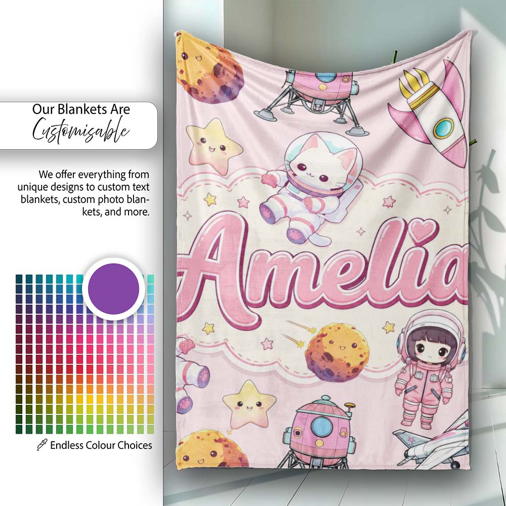 Cat Astronaut Girl Rockets Stars Space Seamless Light Pink  Personalised Custom Name Super Soft Fleece Blanket Bed Sofa Throw