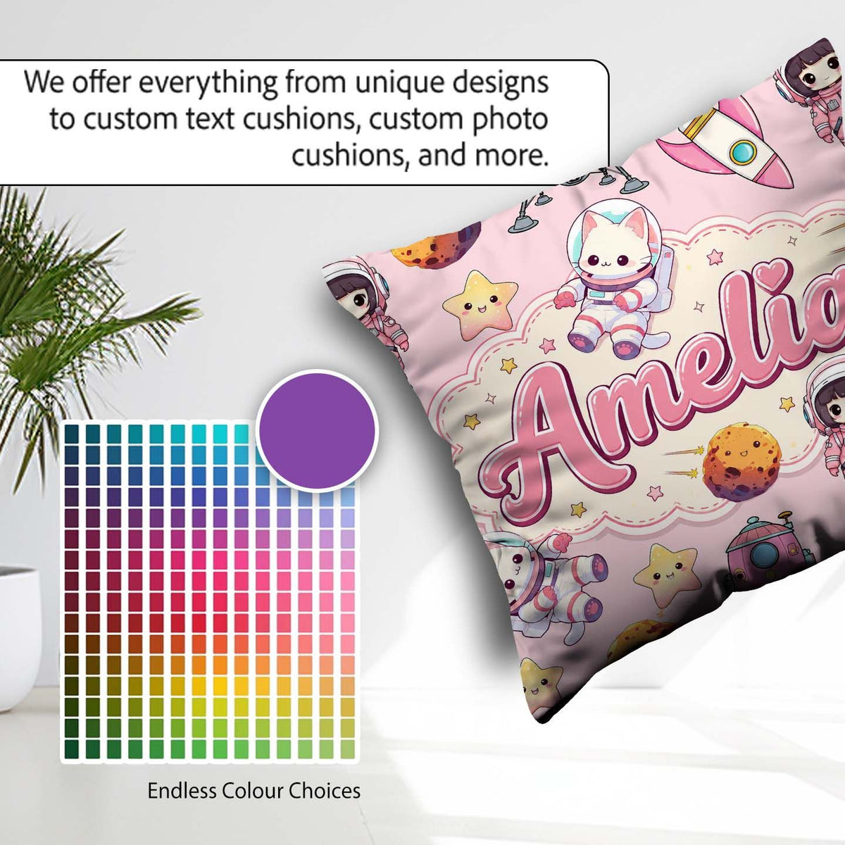 Custom Name Cat Astronaut Girl Rockets Stars Space Seamless Pink Square Filled Cushion Throw Pillow Sofa Bed Home Decor Zip Washable UK Made