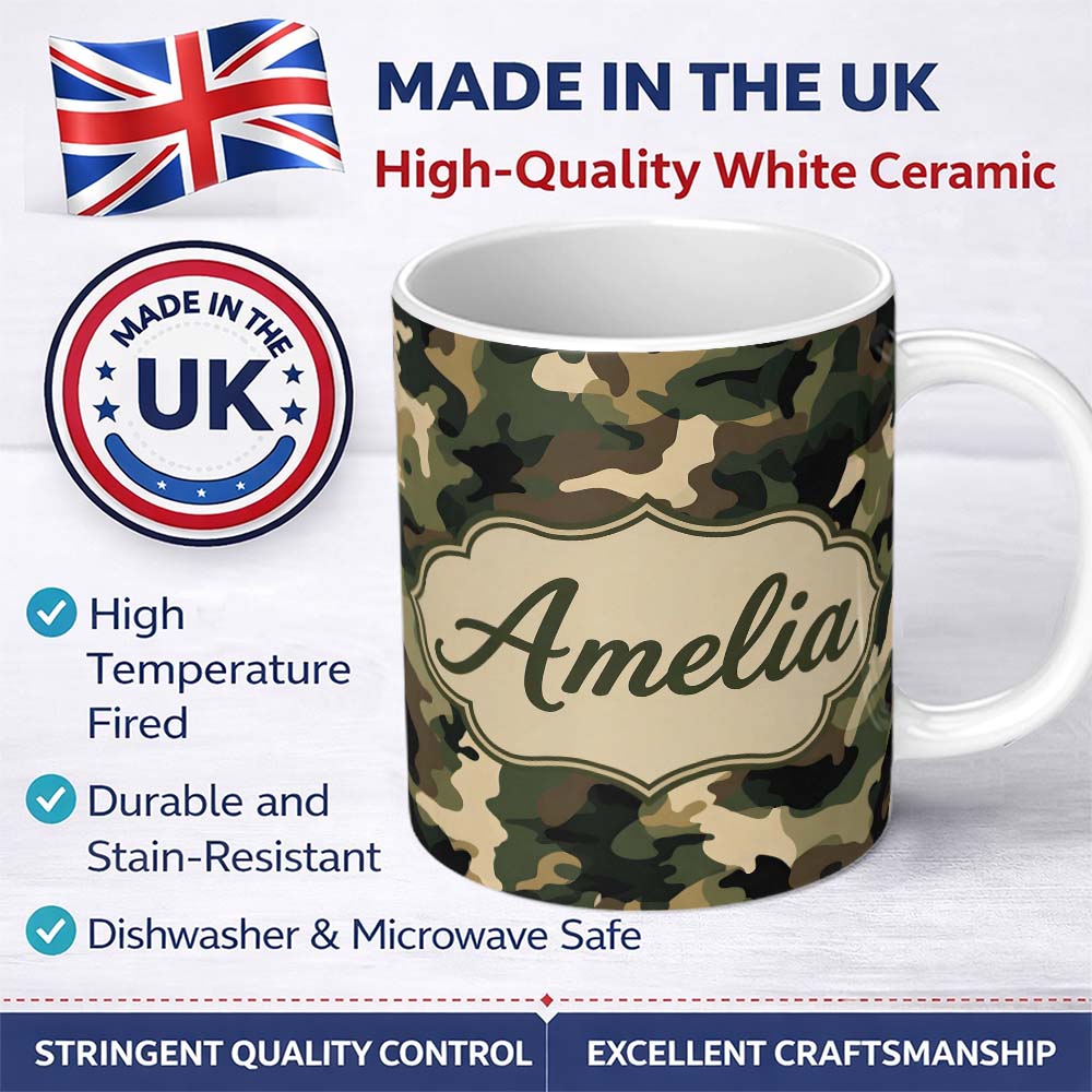 Personalized Custom Name Deep Forest Camouflage Seamless Pattern Stylish Everyday Mug Lovely 11oz Ceramic Coffee Tea Mug White Large Handle