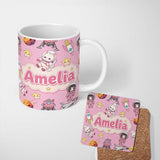 Personalized Custom Name Cat Astronaut Girl Rockets Stars Space Seamless Dark Pink 11oz Ceramic Coffee Tea Mug White Large Handle