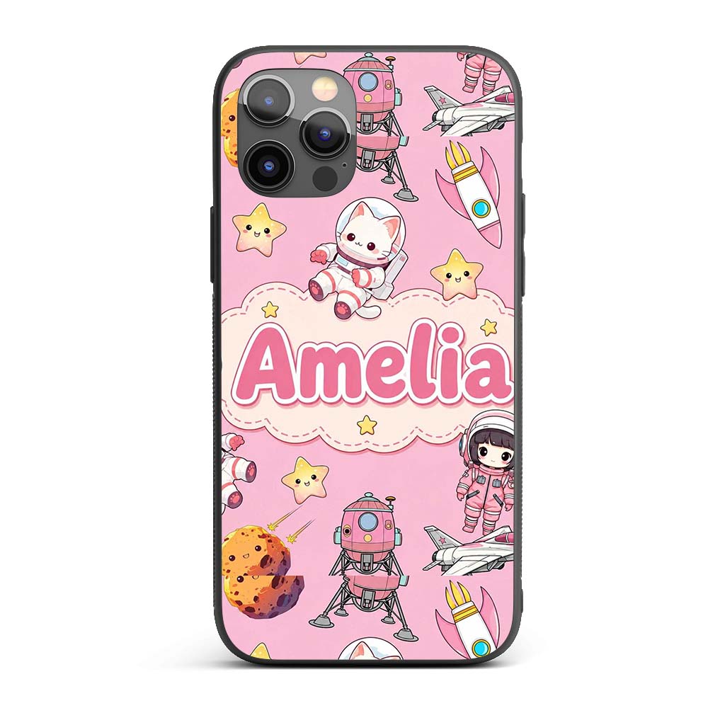 Cat Astronaut Girl Rockets Stars Space Seamless Custom Name Protective Phone Case Mobile Cover Durable Everyday Smartphone Shock Resistant