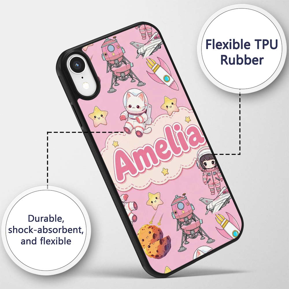 Cat Astronaut Girl Rockets Stars Space Seamless Custom Name Protective Phone Case Mobile Cover Durable Everyday Smartphone Shock Resistant