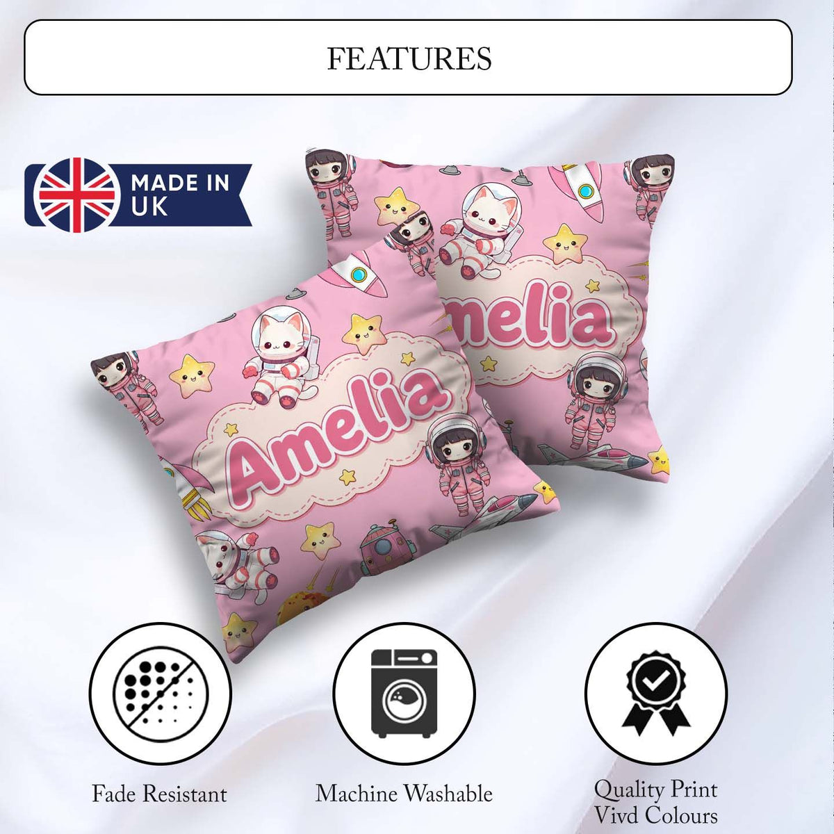 Custom Name Cat Astronaut Girl Rockets Stars Space Seamless Dark Square Filled Cushion Throw Pillow Sofa Bed Home Decor Zip Washable UK Made