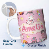 Personalized Custom Name Cat Astronaut Girl Rockets Stars Space Seamless Dark Pink 11oz Ceramic Coffee Tea Mug White Large Handle