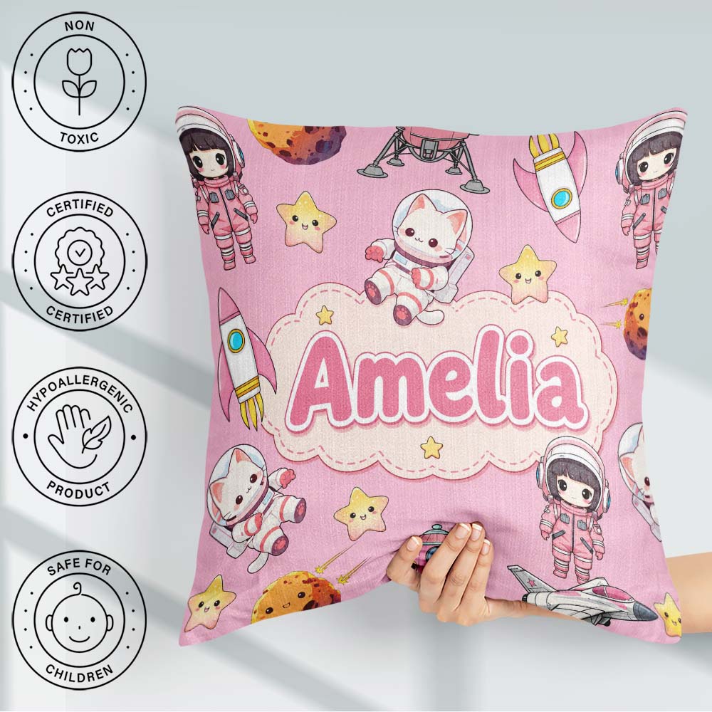 Custom Name Cat Astronaut Girl Rockets Stars Space Seamless Dark Square Filled Cushion Throw Pillow Sofa Bed Home Decor Zip Washable UK Made