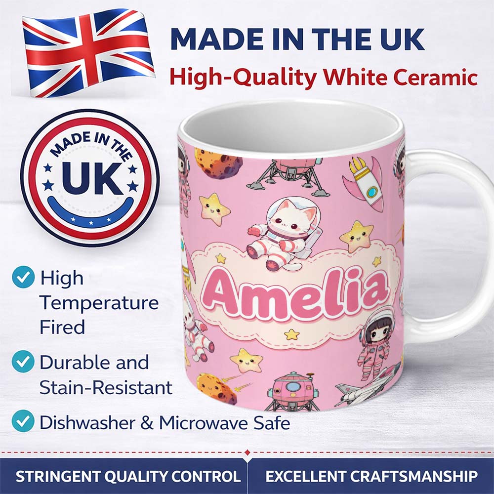 Personalized Custom Name Cat Astronaut Girl Rockets Stars Space Seamless Dark Pink 11oz Ceramic Coffee Tea Mug White Large Handle