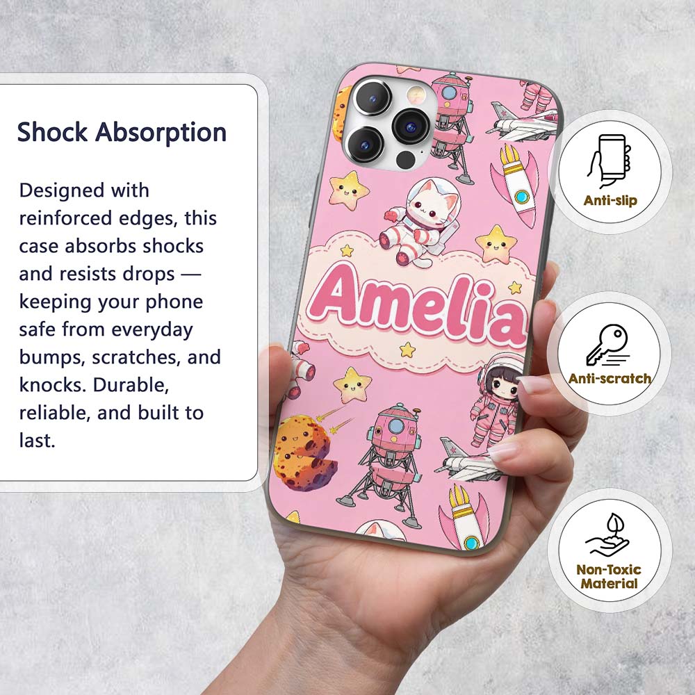 Cat Astronaut Girl Rockets Stars Space Seamless Custom Name Protective Phone Case Mobile Cover Durable Everyday Smartphone Shock Resistant