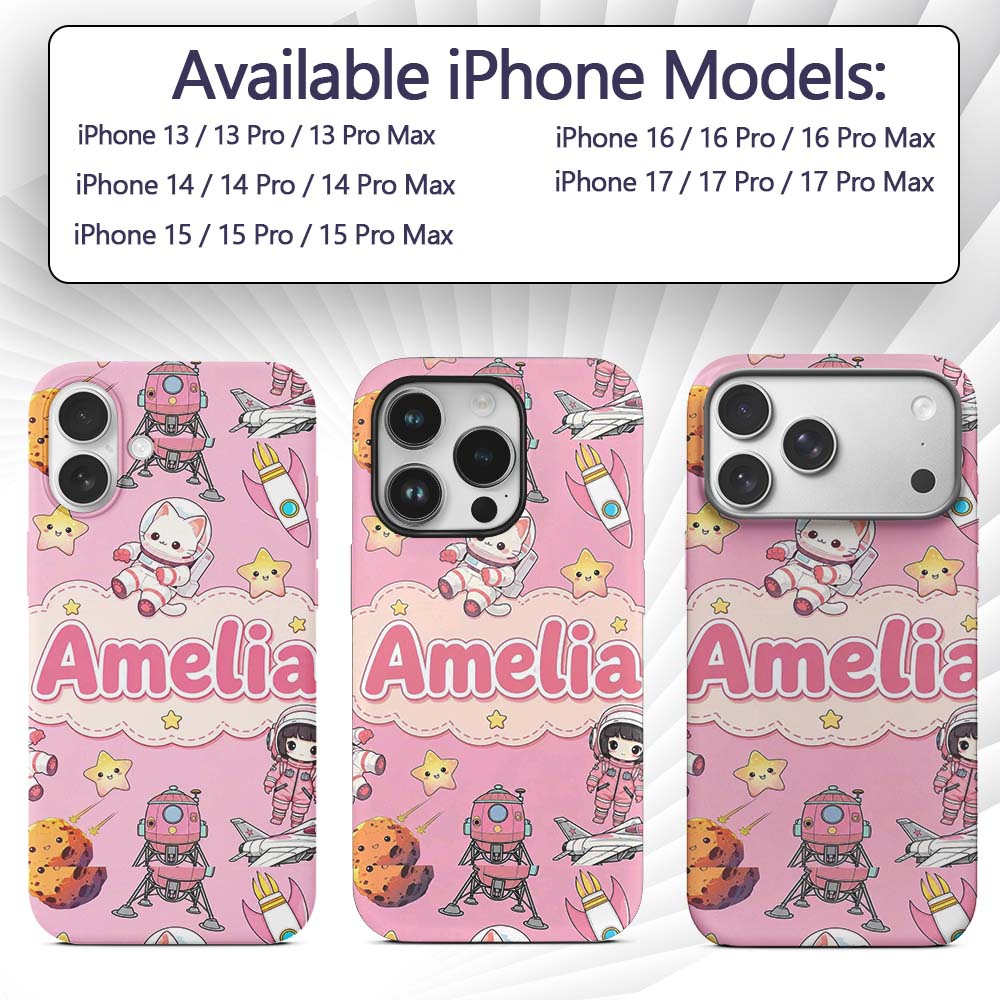 Cat Astronaut Girl Rockets Stars Space Seamless Custom Name Protective Phone Case Mobile Cover Durable Everyday Smartphone Shock Resistant