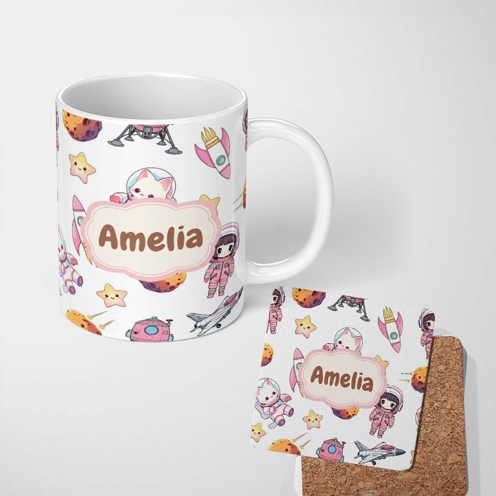 Personalized Custom Name Cat Astronaut Girl Rockets Stars Space Seamless Grey Background 11oz Ceramic Coffee Tea Mug White Large Handle